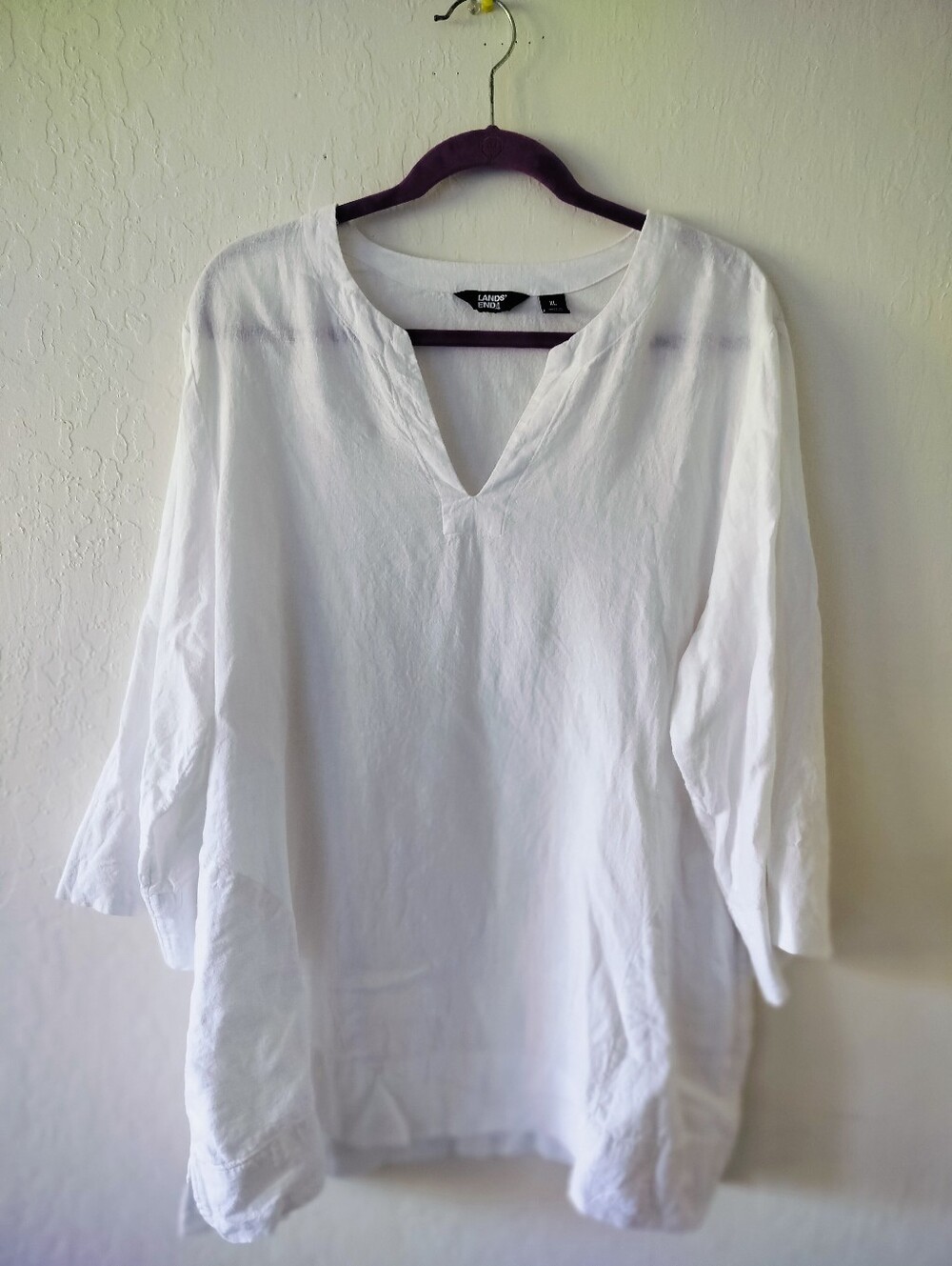 Lands' End White Linen Viscose Split Neck Tunic Top Relaxed Fit - Size XL